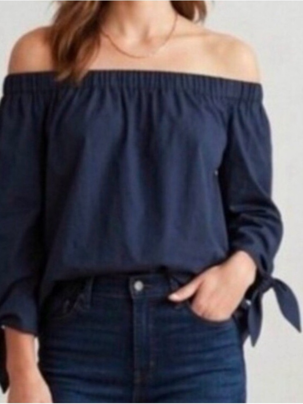 #1005 FREE PEOPLE Show Me Some Shoulder Navy Off-Shoulder Tie-Cuff Top